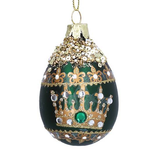 Glass Egg Matt Green, Jeweled Crown 6cm *ETA Nov